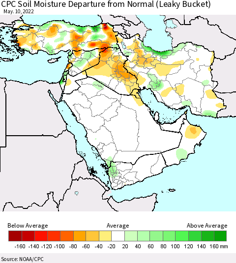 Middle East and Turkey CPC Soil Moisture Departure from Normal (Leaky Bucket) Thematic Map For 5/6/2022 - 5/10/2022