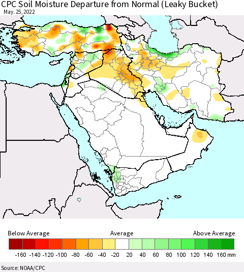 Middle East and Turkey CPC Soil Moisture Departure from Normal (Leaky Bucket) Thematic Map For 5/21/2022 - 5/25/2022