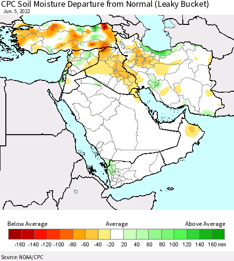 Middle East and Turkey CPC Soil Moisture Departure from Normal (Leaky Bucket) Thematic Map For 6/1/2022 - 6/5/2022