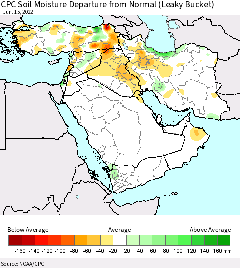 Middle East and Turkey CPC Soil Moisture Departure from Normal (Leaky Bucket) Thematic Map For 6/11/2022 - 6/15/2022