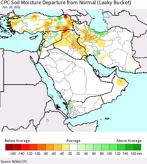 Middle East and Turkey CPC Soil Moisture Departure from Normal (Leaky Bucket) Thematic Map For 6/16/2022 - 6/20/2022