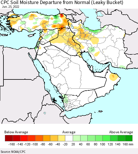 Middle East and Turkey CPC Soil Moisture Departure from Normal (Leaky Bucket) Thematic Map For 6/21/2022 - 6/25/2022