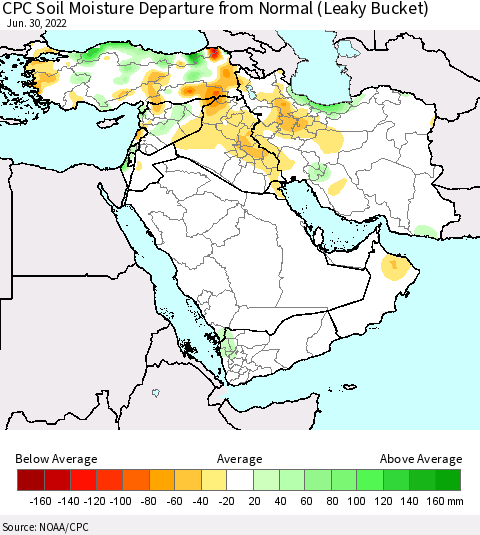 Middle East and Turkey CPC Soil Moisture Departure from Normal (Leaky Bucket) Thematic Map For 6/26/2022 - 6/30/2022