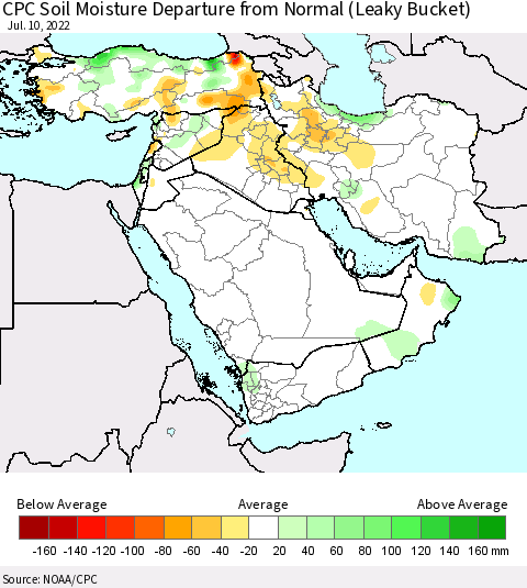 Middle East and Turkey CPC Soil Moisture Departure from Normal (Leaky Bucket) Thematic Map For 7/6/2022 - 7/10/2022
