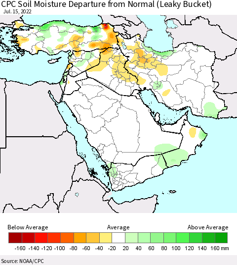 Middle East and Turkey CPC Soil Moisture Departure from Normal (Leaky Bucket) Thematic Map For 7/11/2022 - 7/15/2022