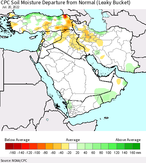 Middle East and Turkey CPC Soil Moisture Departure from Normal (Leaky Bucket) Thematic Map For 7/16/2022 - 7/20/2022