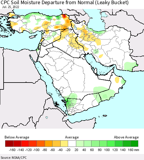 Middle East and Turkey CPC Soil Moisture Departure from Normal (Leaky Bucket) Thematic Map For 7/21/2022 - 7/25/2022