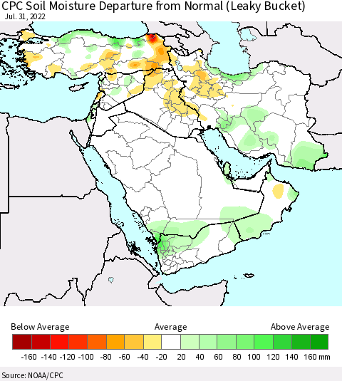 Middle East and Turkey CPC Soil Moisture Departure from Normal (Leaky Bucket) Thematic Map For 7/26/2022 - 7/31/2022