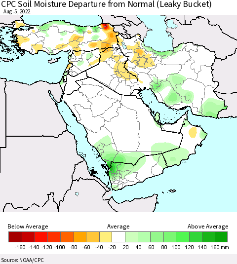 Middle East and Turkey CPC Soil Moisture Departure from Normal (Leaky Bucket) Thematic Map For 8/1/2022 - 8/5/2022