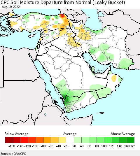 Middle East and Turkey CPC Soil Moisture Departure from Normal (Leaky Bucket) Thematic Map For 8/6/2022 - 8/10/2022