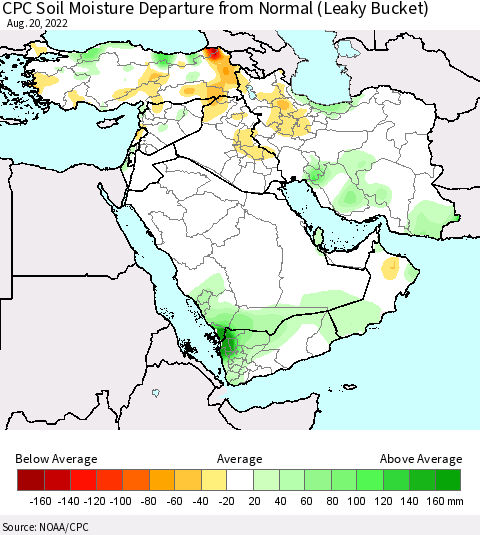 Middle East and Turkey CPC Soil Moisture Departure from Normal (Leaky Bucket) Thematic Map For 8/16/2022 - 8/20/2022