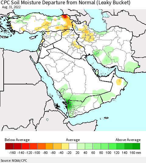 Middle East and Turkey CPC Soil Moisture Departure from Normal (Leaky Bucket) Thematic Map For 8/26/2022 - 8/31/2022