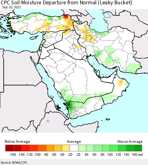 Middle East and Turkey CPC Soil Moisture Departure from Normal (Leaky Bucket) Thematic Map For 9/6/2022 - 9/10/2022