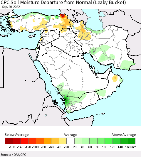 Middle East and Turkey CPC Soil Moisture Departure from Normal (Leaky Bucket) Thematic Map For 9/16/2022 - 9/20/2022