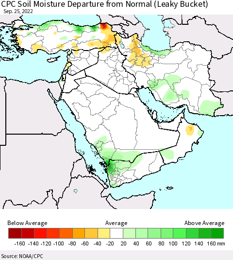 Middle East and Turkey CPC Soil Moisture Departure from Normal (Leaky Bucket) Thematic Map For 9/21/2022 - 9/25/2022