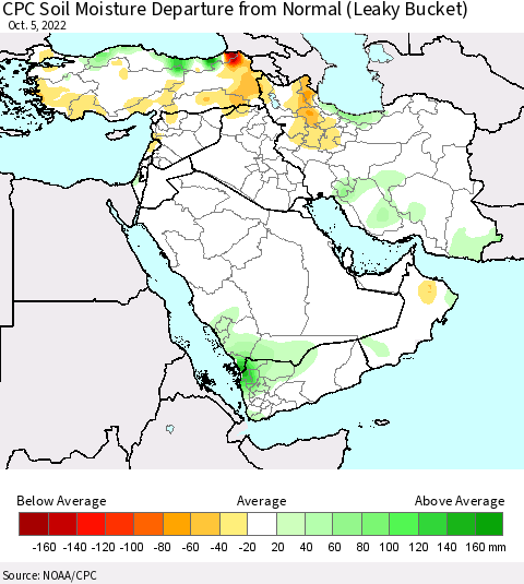 Middle East and Turkey CPC Soil Moisture Departure from Normal (Leaky Bucket) Thematic Map For 10/1/2022 - 10/5/2022