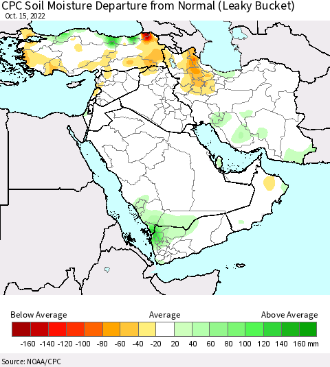 Middle East and Turkey CPC Soil Moisture Departure from Normal (Leaky Bucket) Thematic Map For 10/11/2022 - 10/15/2022