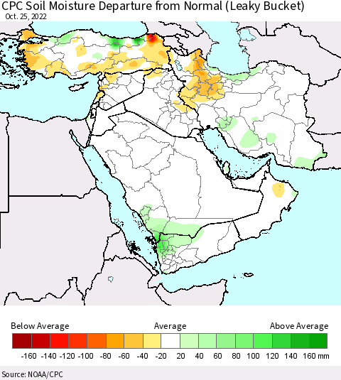 Middle East and Turkey CPC Soil Moisture Departure from Normal (Leaky Bucket) Thematic Map For 10/21/2022 - 10/25/2022