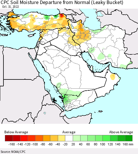 Middle East and Turkey CPC Soil Moisture Departure from Normal (Leaky Bucket) Thematic Map For 10/26/2022 - 10/31/2022