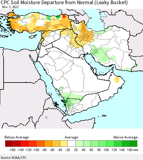 Middle East and Turkey CPC Soil Moisture Departure from Normal (Leaky Bucket) Thematic Map For 11/1/2022 - 11/5/2022