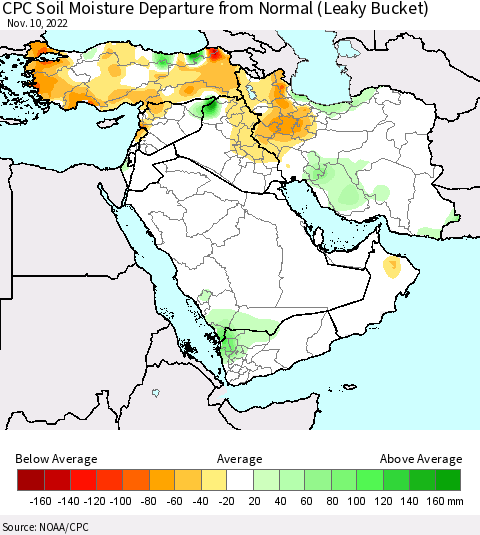 Middle East and Turkey CPC Soil Moisture Departure from Normal (Leaky Bucket) Thematic Map For 11/6/2022 - 11/10/2022