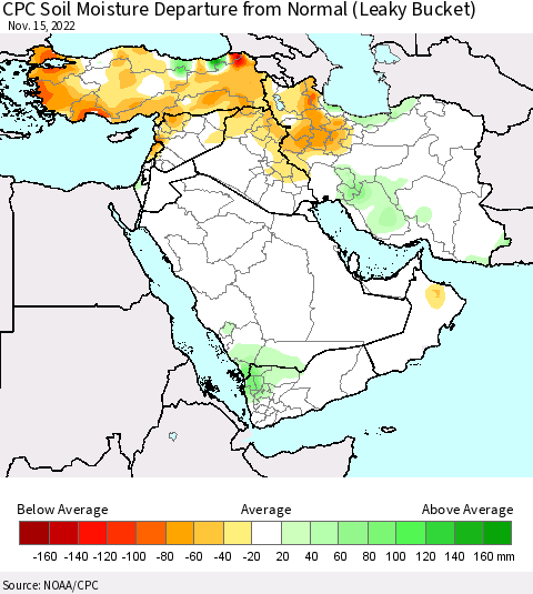 Middle East and Turkey CPC Soil Moisture Departure from Normal (Leaky Bucket) Thematic Map For 11/11/2022 - 11/15/2022