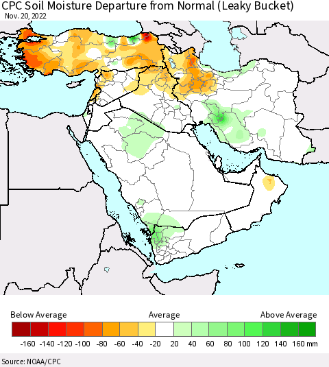 Middle East and Turkey CPC Soil Moisture Departure from Normal (Leaky Bucket) Thematic Map For 11/16/2022 - 11/20/2022