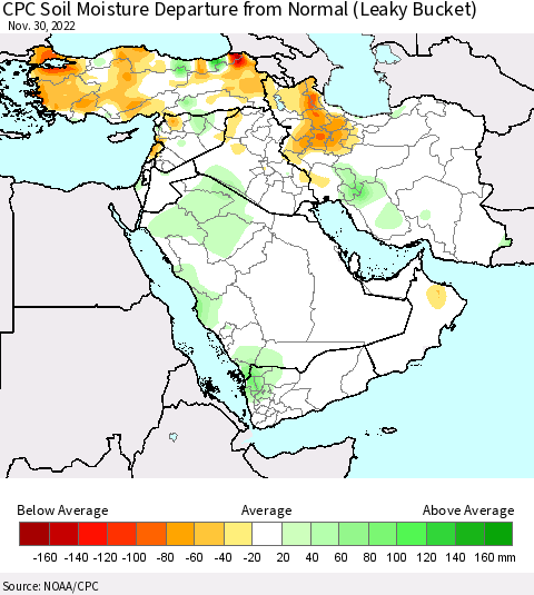 Middle East and Turkey CPC Soil Moisture Departure from Normal (Leaky Bucket) Thematic Map For 11/26/2022 - 11/30/2022