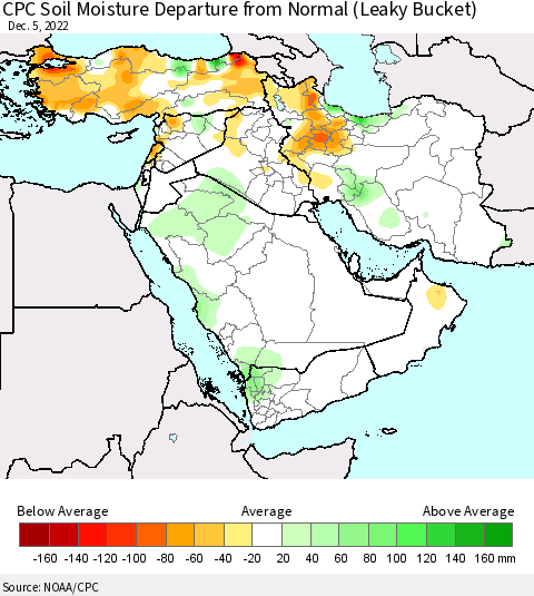 Middle East and Turkey CPC Soil Moisture Departure from Normal (Leaky Bucket) Thematic Map For 12/1/2022 - 12/5/2022