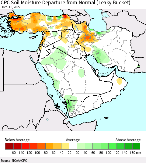 Middle East and Turkey CPC Soil Moisture Departure from Normal (Leaky Bucket) Thematic Map For 12/6/2022 - 12/10/2022