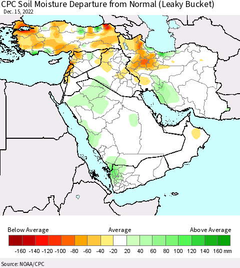 Middle East and Turkey CPC Soil Moisture Departure from Normal (Leaky Bucket) Thematic Map For 12/11/2022 - 12/15/2022