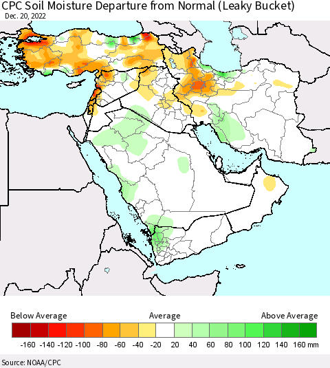 Middle East and Turkey CPC Soil Moisture Departure from Normal (Leaky Bucket) Thematic Map For 12/16/2022 - 12/20/2022
