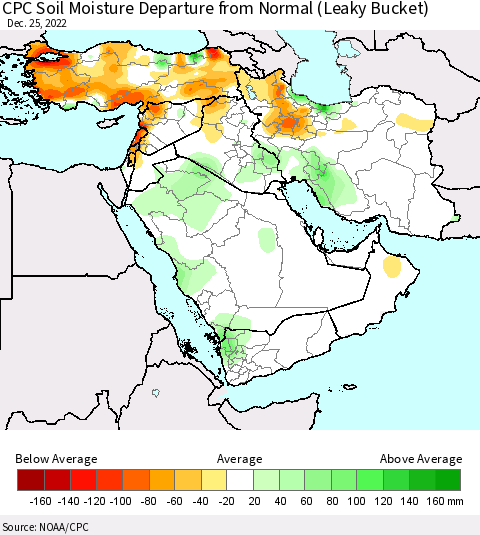 Middle East and Turkey CPC Soil Moisture Departure from Normal (Leaky Bucket) Thematic Map For 12/21/2022 - 12/25/2022