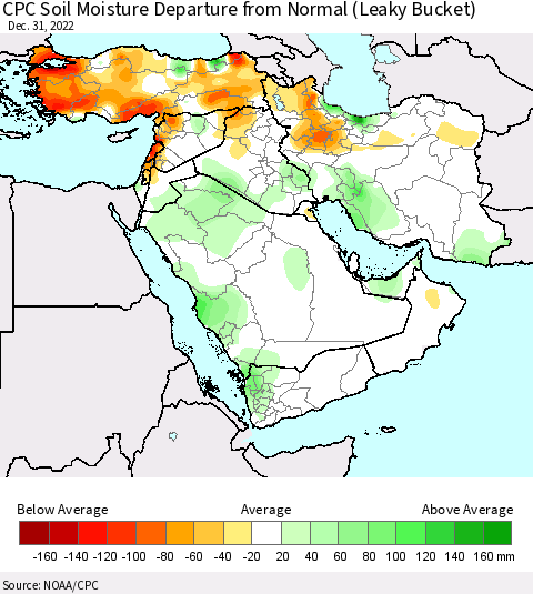 Middle East and Turkey CPC Soil Moisture Departure from Normal (Leaky Bucket) Thematic Map For 12/26/2022 - 12/31/2022