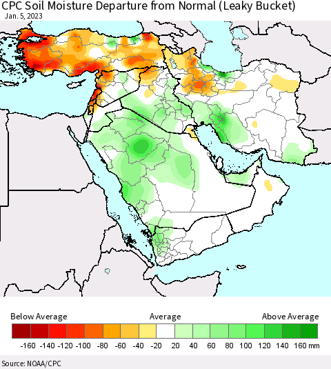 Middle East and Turkey CPC Soil Moisture Departure from Normal (Leaky Bucket) Thematic Map For 1/1/2023 - 1/5/2023