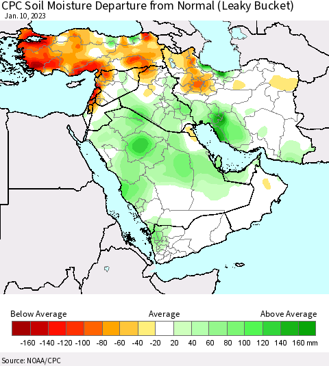 Middle East and Turkey CPC Soil Moisture Departure from Normal (Leaky Bucket) Thematic Map For 1/6/2023 - 1/10/2023
