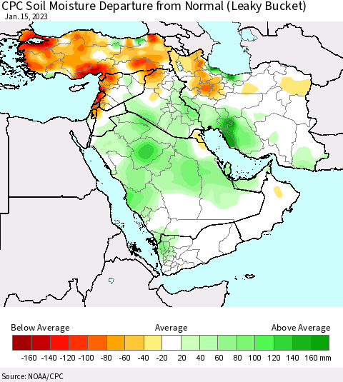Middle East and Turkey CPC Soil Moisture Departure from Normal (Leaky Bucket) Thematic Map For 1/11/2023 - 1/15/2023