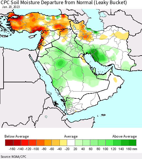 Middle East and Turkey CPC Soil Moisture Departure from Normal (Leaky Bucket) Thematic Map For 1/16/2023 - 1/20/2023