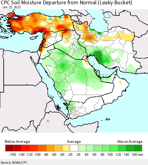Middle East and Turkey CPC Soil Moisture Departure from Normal (Leaky Bucket) Thematic Map For 1/21/2023 - 1/25/2023
