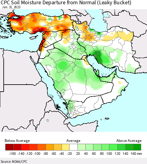 Middle East and Turkey CPC Soil Moisture Departure from Normal (Leaky Bucket) Thematic Map For 1/26/2023 - 1/31/2023