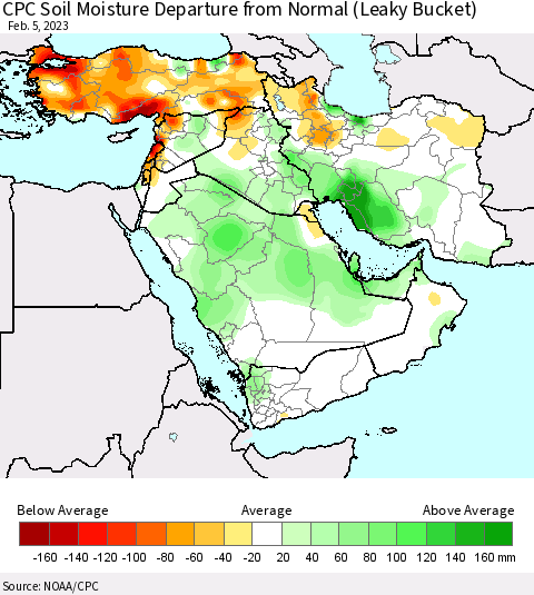 Middle East and Turkey CPC Soil Moisture Departure from Normal (Leaky Bucket) Thematic Map For 2/1/2023 - 2/5/2023