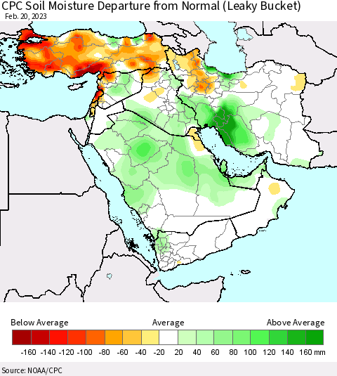 Middle East and Turkey CPC Soil Moisture Departure from Normal (Leaky Bucket) Thematic Map For 2/16/2023 - 2/20/2023