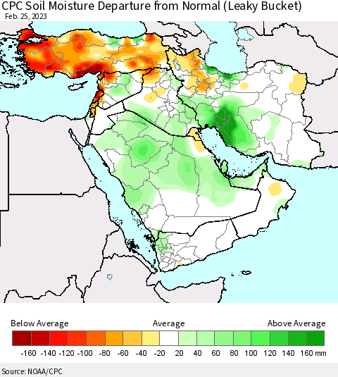 Middle East and Turkey CPC Soil Moisture Departure from Normal (Leaky Bucket) Thematic Map For 2/21/2023 - 2/25/2023