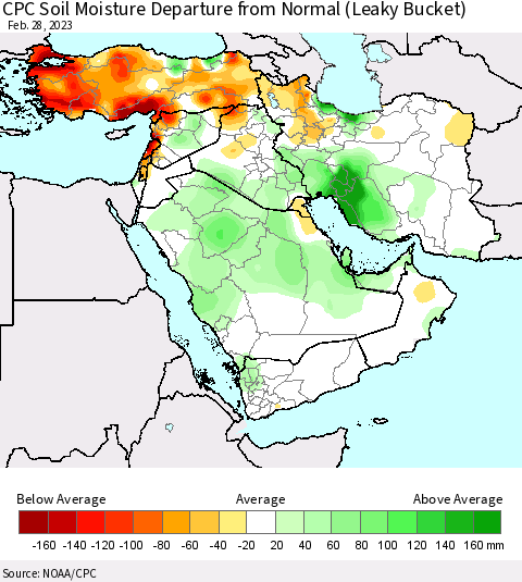 Middle East and Turkey CPC Soil Moisture Departure from Normal (Leaky Bucket) Thematic Map For 2/26/2023 - 2/28/2023