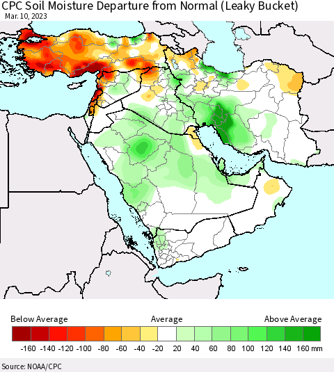 Middle East and Turkey CPC Soil Moisture Departure from Normal (Leaky Bucket) Thematic Map For 3/6/2023 - 3/10/2023
