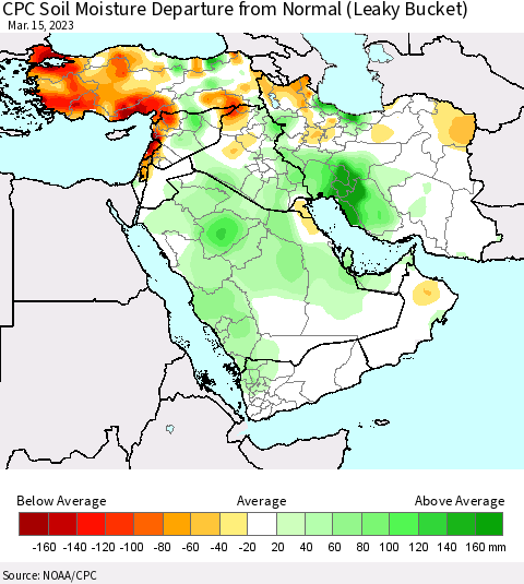 Middle East and Turkey CPC Soil Moisture Departure from Normal (Leaky Bucket) Thematic Map For 3/11/2023 - 3/15/2023