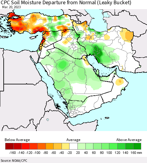Middle East and Turkey CPC Soil Moisture Departure from Normal (Leaky Bucket) Thematic Map For 3/16/2023 - 3/20/2023