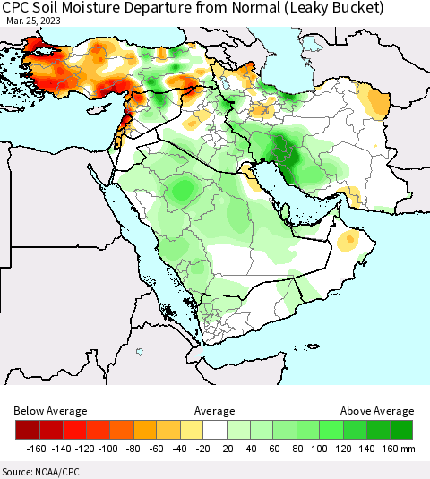 Middle East and Turkey CPC Soil Moisture Departure from Normal (Leaky Bucket) Thematic Map For 3/21/2023 - 3/25/2023