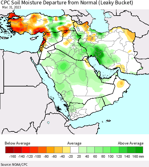Middle East and Turkey CPC Soil Moisture Departure from Normal (Leaky Bucket) Thematic Map For 3/26/2023 - 3/31/2023