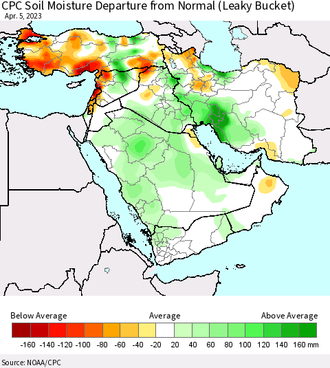 Middle East and Turkey CPC Soil Moisture Departure from Normal (Leaky Bucket) Thematic Map For 4/1/2023 - 4/5/2023